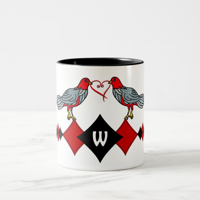 Retro Diamonds, Birds and Heart Worms_Monogrammed Two-Tone Coffee Mug (Center)