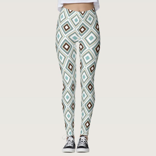 Retro Diamonds Brown Turquoise Leggings (Front)
