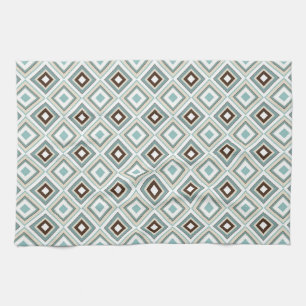 Retro Diamonds Brown Turquoise Tea Towel