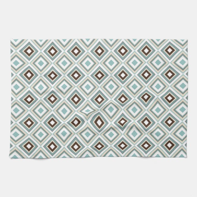 Retro Diamonds Brown Turquoise Tea Towel (Horizontal)