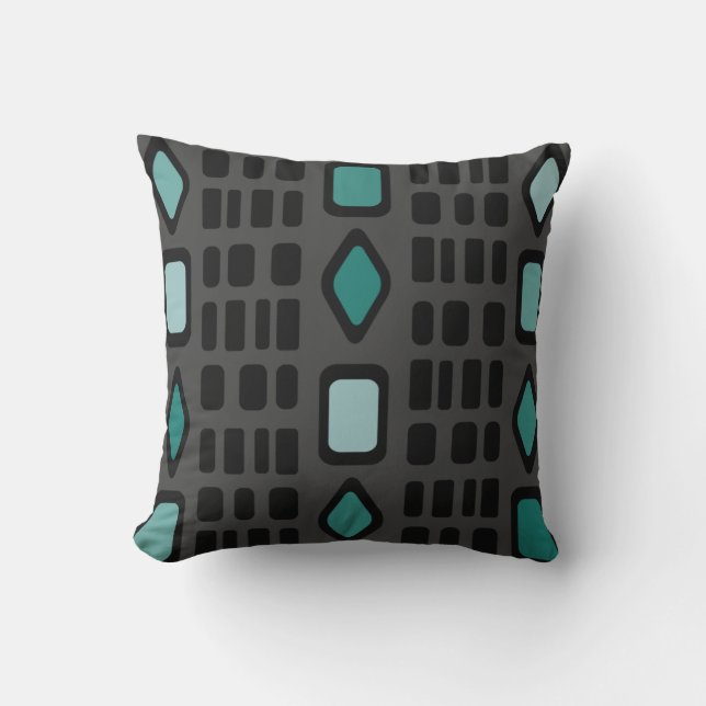 Retro Diamonds Rectangles Black Turquoise Cushion (Front)