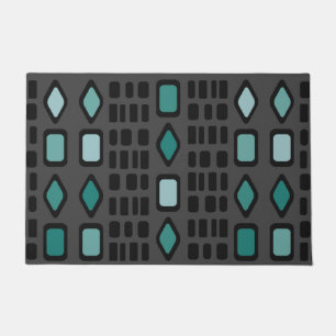 Retro Diamonds Rectangles Black Turquoise Doormat