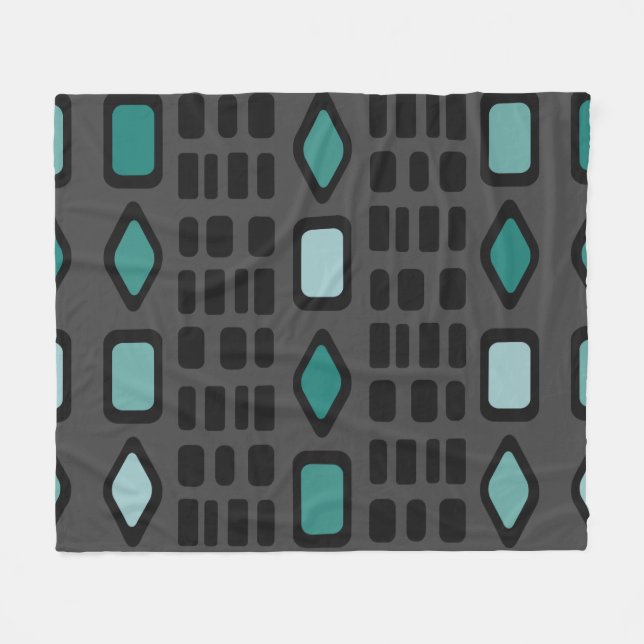Retro Diamonds Rectangles Black Turquoise Fleece Blanket (Front (Horizontal))