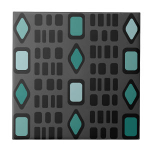 Retro Diamonds Rectangles Black Turquoise Tile