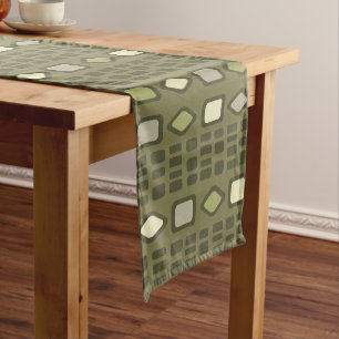 Retro Diamonds Rectangles Olive Green Short Table Runner