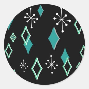 RETRO DIAMONDS & STARBURSTS: TURQUOISE and BLACK Classic Round Sticker