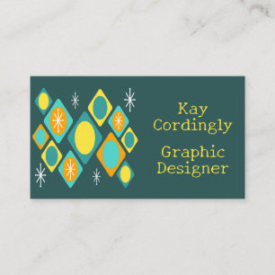 Retro Diamonds Stars Teal Yellow Business Card