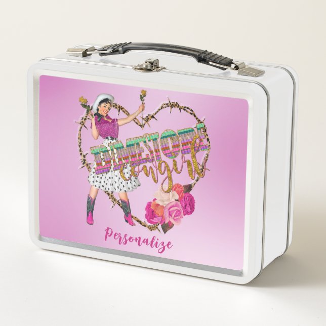 Retro Dimestore Cowgirl Western Personalise Metal Lunch Box (Front)