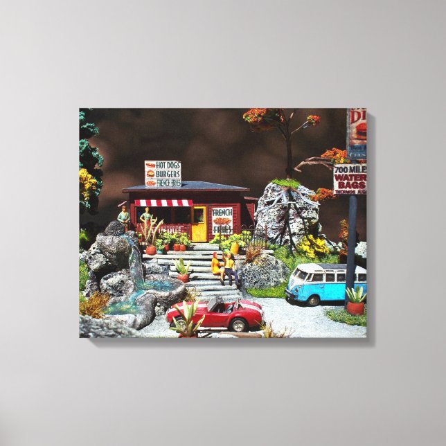 Retro Diner, 50's roadside miniature diner diorama Canvas Print (Front)