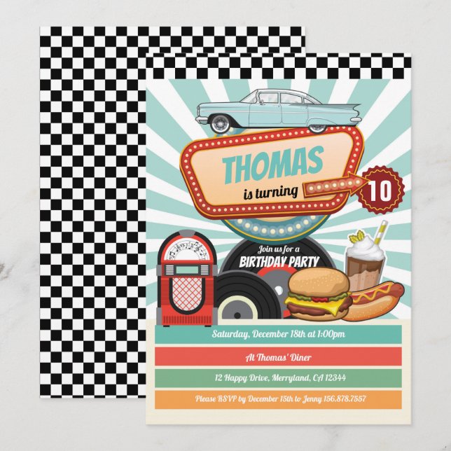 Retro diner birthday vintage burger milkshake invitation (Front/Back)