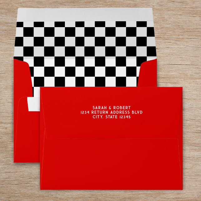 Retro Diner Chequerboard Black White & Red Wedding Envelope (Retro Diner Checkerboard Black White & Red Wedding Envelope)