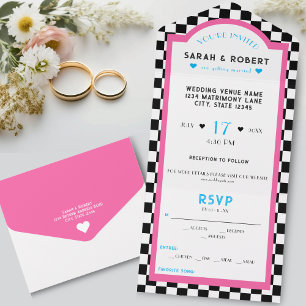 Retro Diner Chequerboard Pink & Blue Wedding All In One Invitation