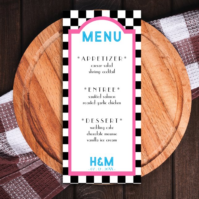 Retro Diner Chequerboard Pink Wedding Reception Menu (Retro Diner Checkerboard Pink Wedding Reception Menu)