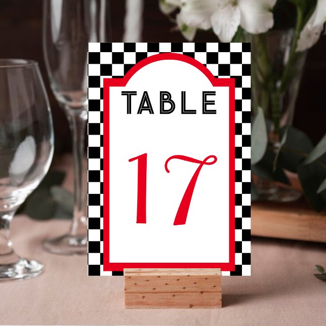 Retro Diner Chequerboard Red Black & White Table Number (Retro Diner Checkerboard Red Black & White Table Number)