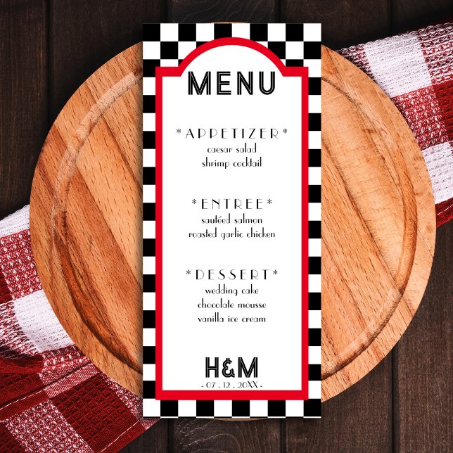 Retro Diner Chequerboard Red Wedding Reception Menu (Retro Diner Checkerboard Red Wedding Reception Menu)