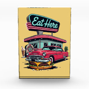 Retro Diner Eat Here Classic Car Burger T-Shirt Photo Block