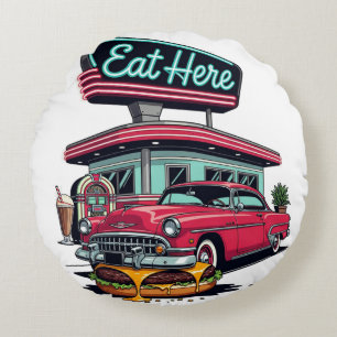 Retro Diner Eat Here Classic Car Burger T-Shirt Round Cushion