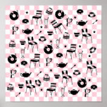 Retro Diner Pattern Poster<br><div class="desc">A retro pattern inspired by diners and cafes in the fifties and sixties. A pink,  chequered background,  like a cafe floor. The pattern has retro cafe items like tea cups,  teapots,  coffee pots and art deco furniture. A fun,  vintage pattern.</div>