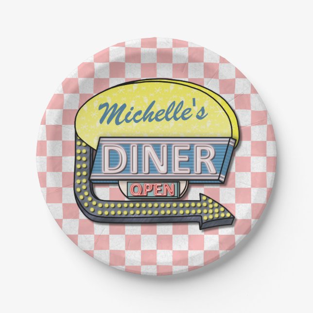 Retro Diner Sign 50s Pink Chequered Personalised Paper Plate (Front)