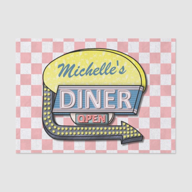Retro Diner Sign 50s Pink Chequered Personalised Tissue Paper (Front)