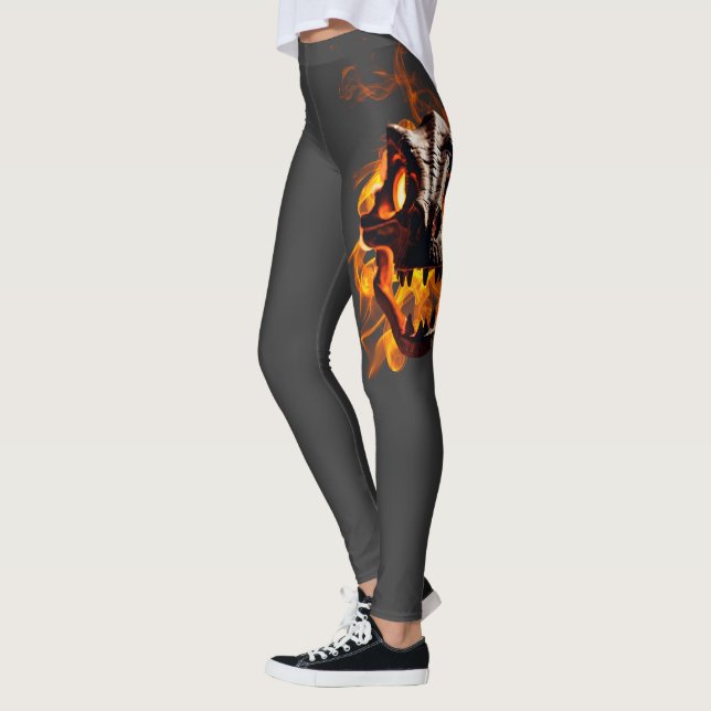  Retro Dinosaur Dead Burning Skull in Fire  Leggings (Left)