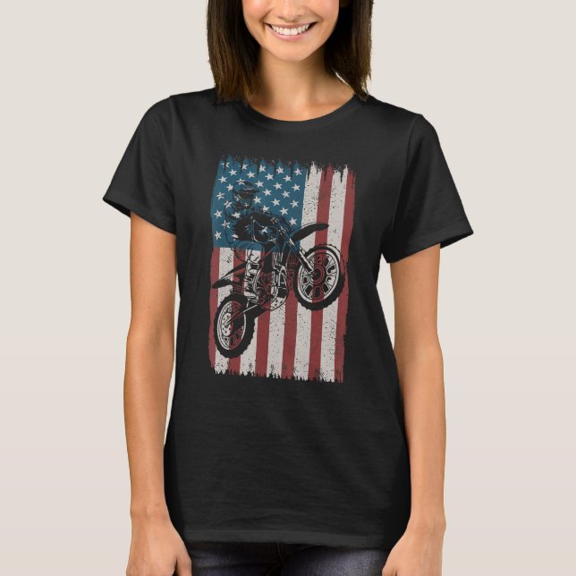 Retro Dirt Bike American Flag Motocross Biker 4th  T-Shirt (Front)