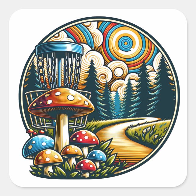Retro Disc Golf Psychedelic Ai Art Square Sticker (Front)