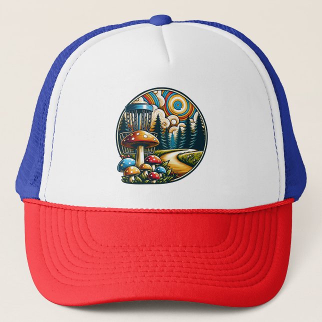 Retro Disc Golf Psychedelic Ai Art Trucker Hat (Front)