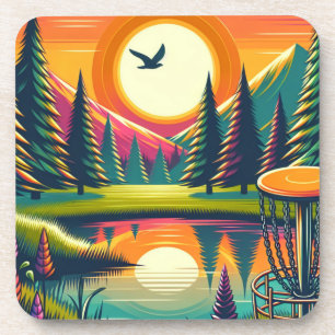 Retro Disc Golf Sunset and Trees Coaster