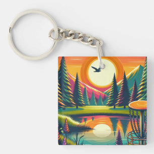 Retro Disc Golf Sunset and Trees Key Ring