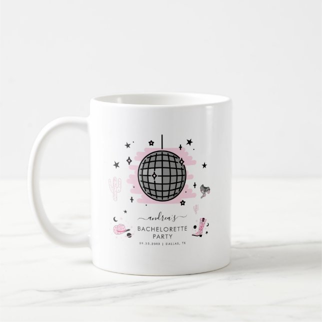 Retro Disco Bachelorette Party Space Cowgirl Pink Coffee Mug (Left)