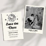 Retro Disco Ball Black White Save The Date Wedding Invitation<br><div class="desc">retro 70s groovy Save The Date invitation,  retro wedding invite with Rsvp and Details in the back,  black and white Save The Date Invite ,  disco ball Wedding,  disco ball wedding invite .</div>