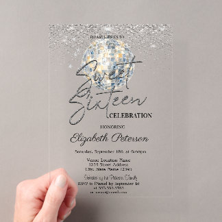 Retro Disco Ball Blue Stripes Sweet 16 Acrylic Invitations