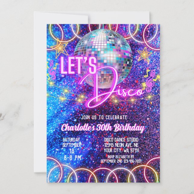Retro Disco Ball Bright Pink Neon Glow Birthday Invitation (Front)