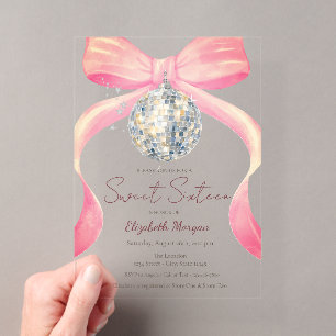 Retro Disco Ball Chic Bow Sweet 16 Acrylic Invitations