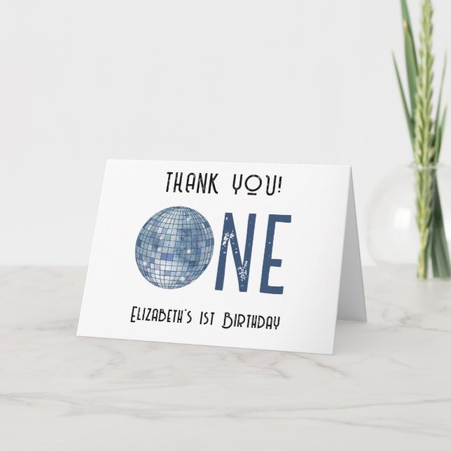 Retro Disco Ball First Birthday Party THANK YOU Card (Front)