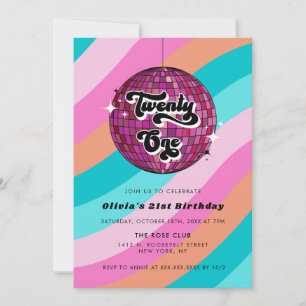 Retro Disco Ball Pink 21st Birthday Invitation