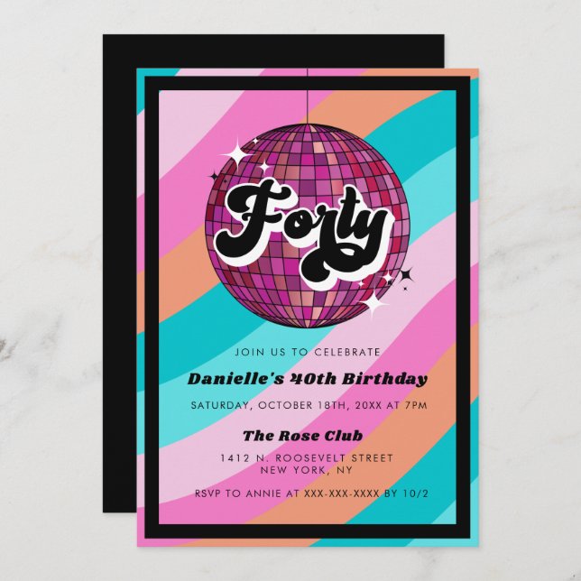 Retro Disco Ball Pink  40th Birthday Invitation (Front/Back)
