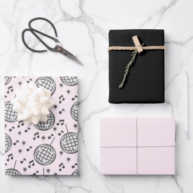 Retro Disco Ball Pink & Black Musical Wrapping Paper Sheet (Front)