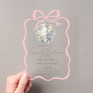 Retro Disco Ball Pink Bow Pink Stripes Sweet 16 Acrylic Invitations