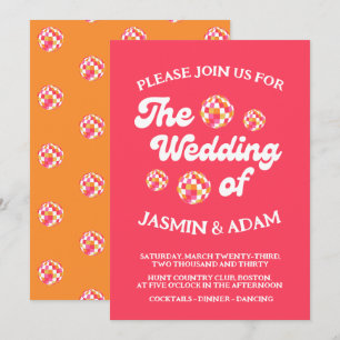 Retro Disco Ball Pink Orange Wedding Invitation