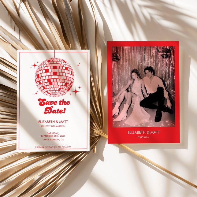 Retro Disco Ball Save The Date Red Invitation (disco ball save the date, retro wedding invitation, black and white wedding, modern retro wedding, s)