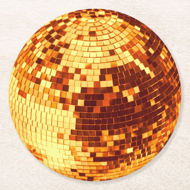 Retro disco ball sparkle glitter gold birthday round paper coaster (Front)
