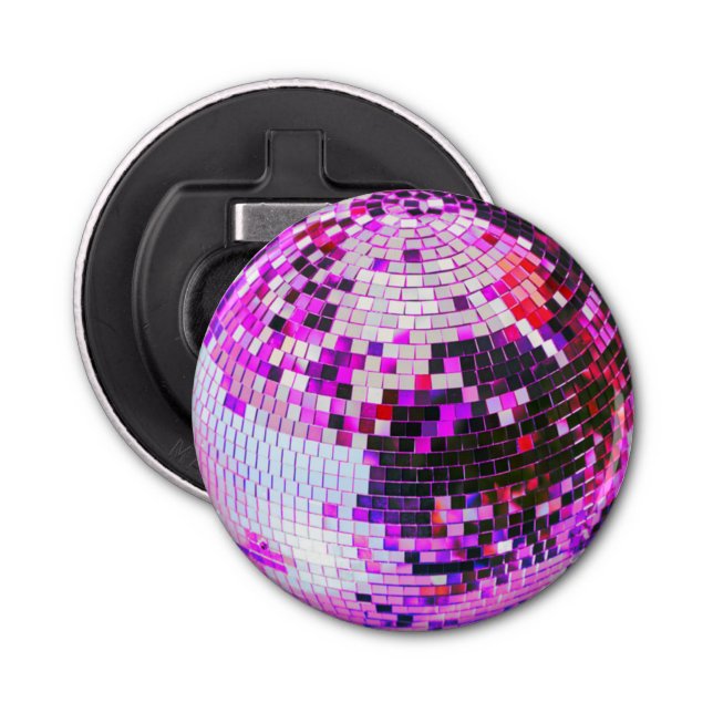 Retro disco ball sparkle glitter pink birthday bottle opener (Front)