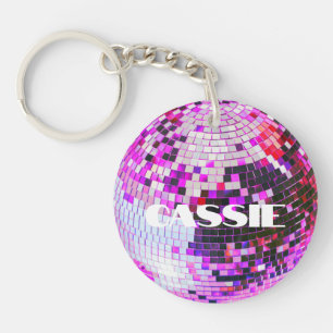 Retro disco ball sparkle glitter pink birthday key ring