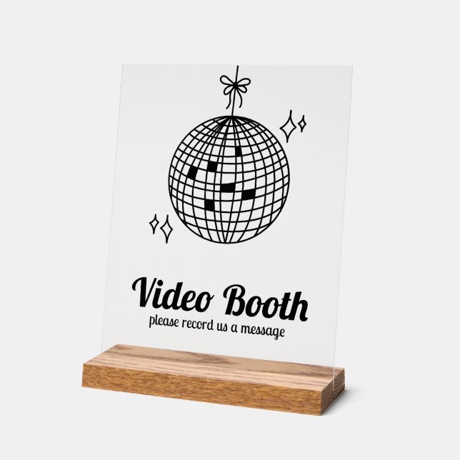 Retro Disco Ball Video Booth Wedding Message  Acrylic Sign (Angle)