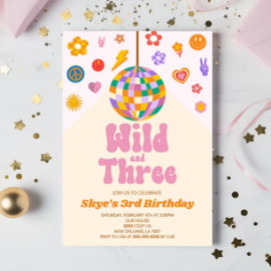 Retro Disco Ball Wild and Three 3rd Birthday Party Invitation