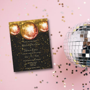 retro disco balls black gold glitters  wedding  invitation