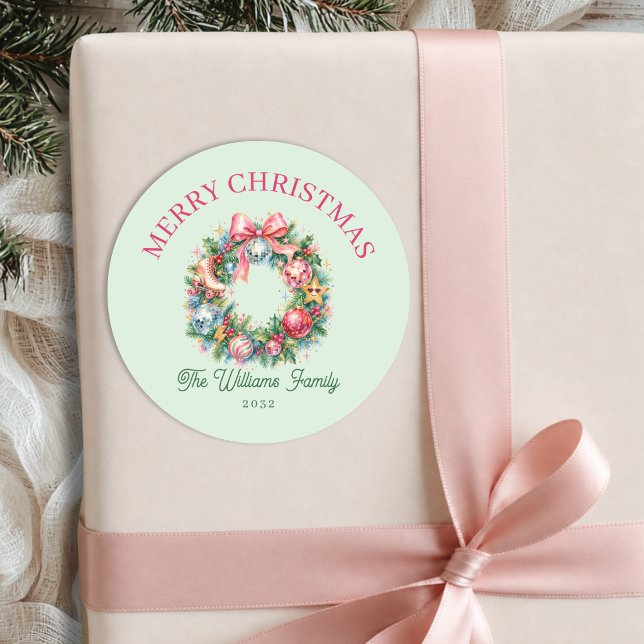 Retro Disco Christmas Wreath  Classic Round Sticker (Retro Disco Christmas Wreath Green Classic Round Sticker)