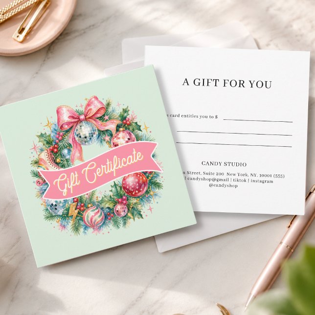Retro Disco Christmas Wreath Gift Certificate (Retro Disco Christmas Wreath Green Gift Certificate)